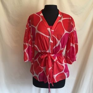 📌3/$20-Printed Balloon Sleeved Tie Waist Top